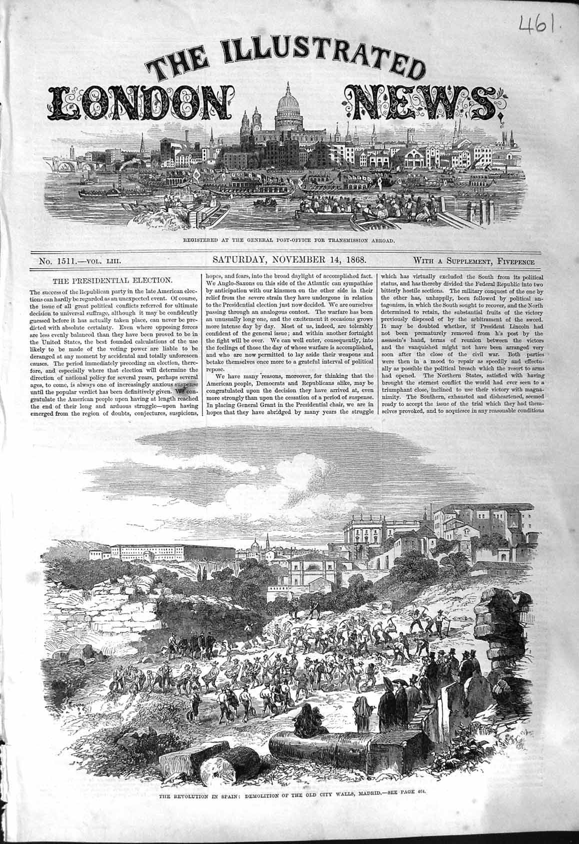 Original Old Antique Print 1868 Revolution Spain Demolition City Walls Madrid