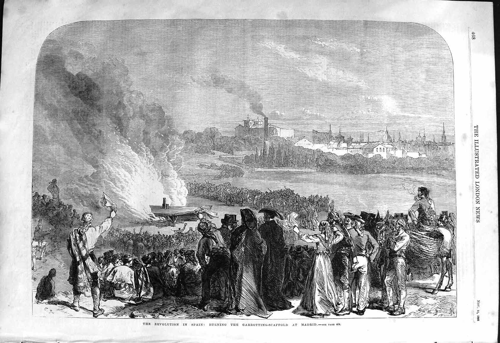 Original Old Antique Print 1868 Revolution Spain Burning Garrotting ScaffMadrid