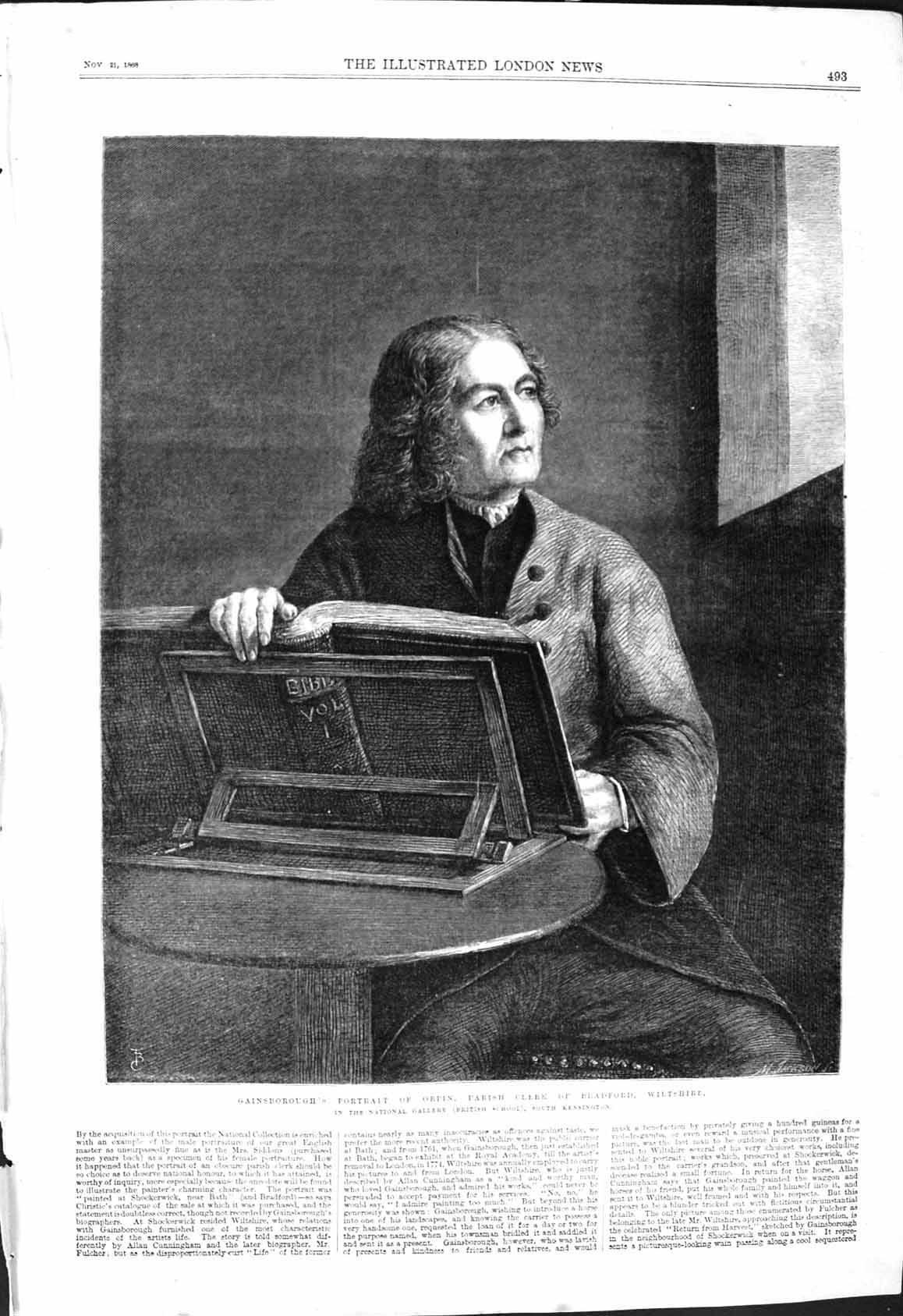 Antique Old Print 1868 Gainsborough Orphin Parish Clerk Bradford Wiltshire 19th
