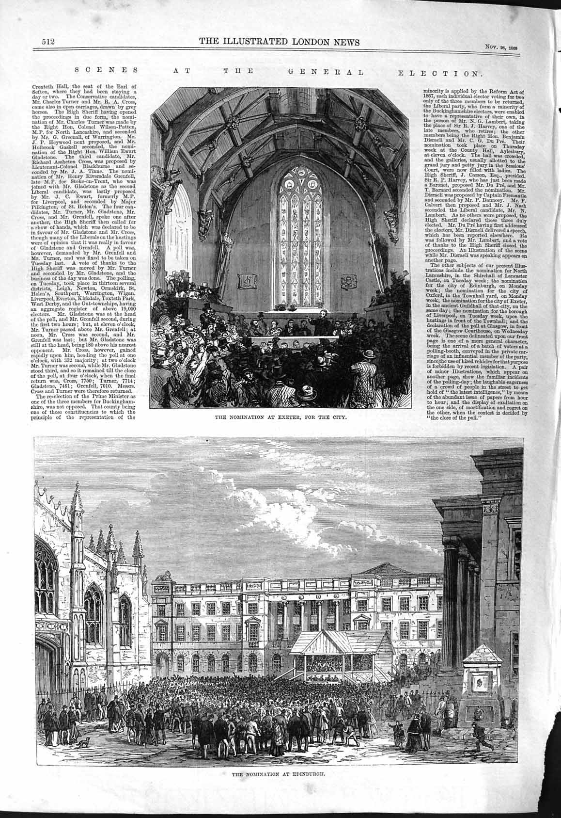 Original Old Antique Print 1868 Nomination Exeter Edinburgh General Election