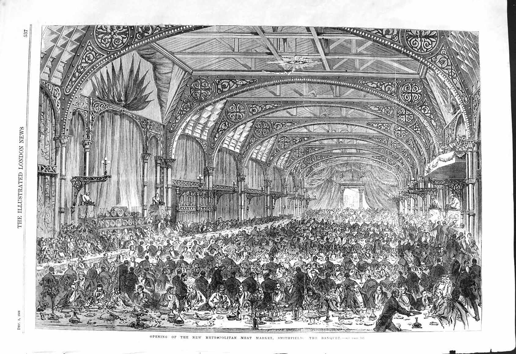 Old 1868 Opening New Metropolitan Meat Market Smithfield Banquet Scen Victorian