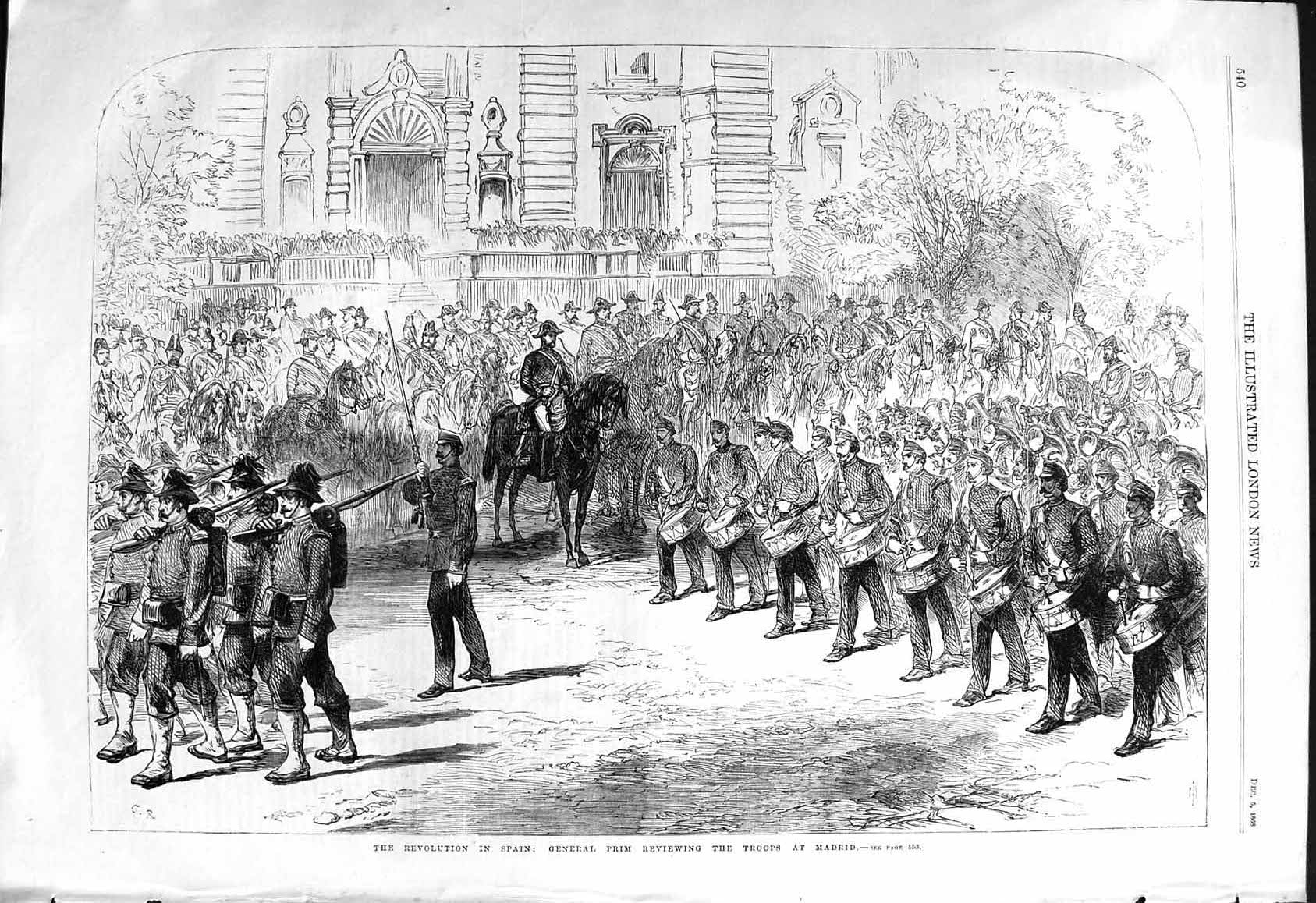 Old Print 1868 Revolution Spain General Prim Reviewing Troops Siers Madr 19th