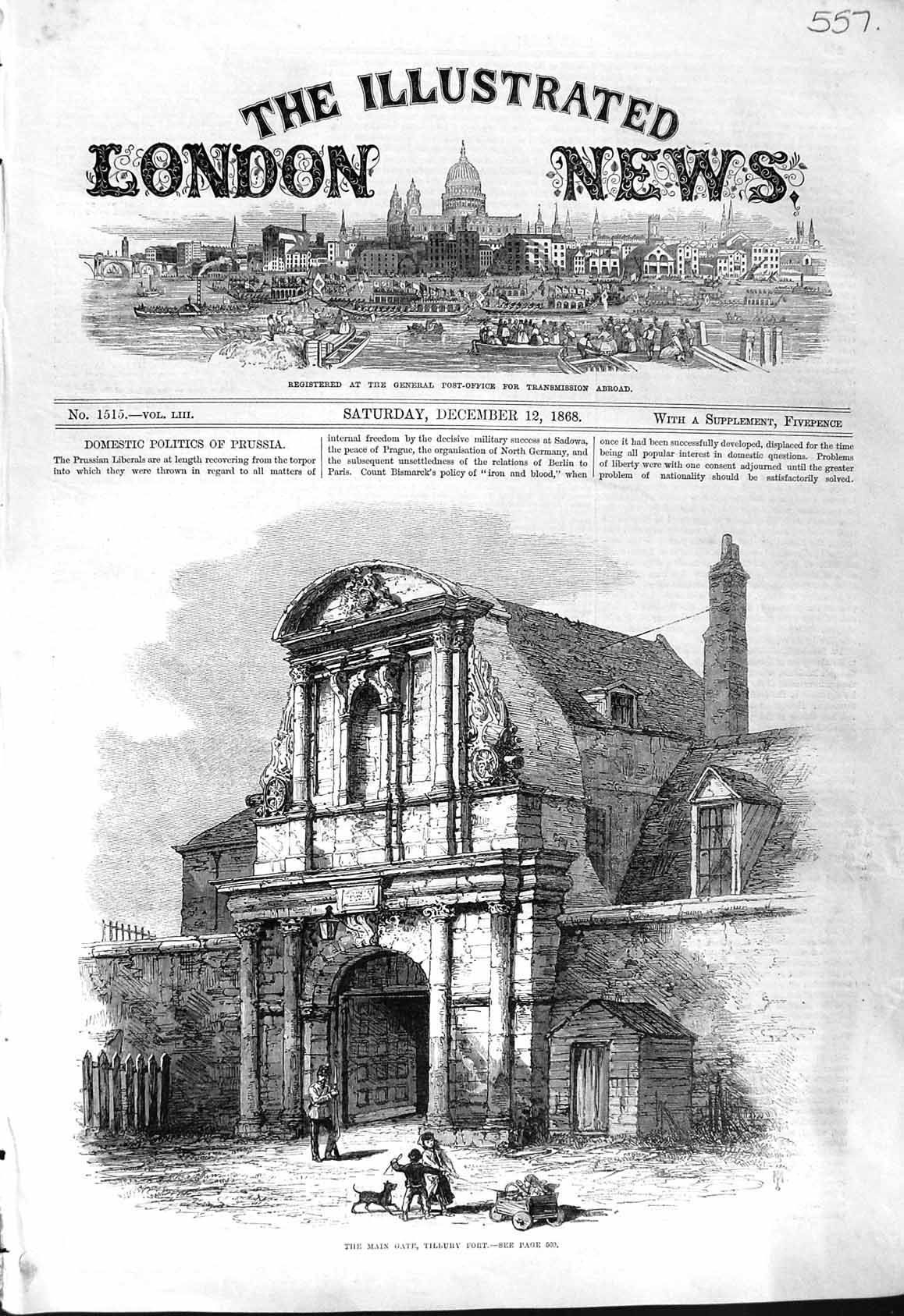 Original Old Antique Print 1868 Main Gate Tilbury Fort Building Architecture