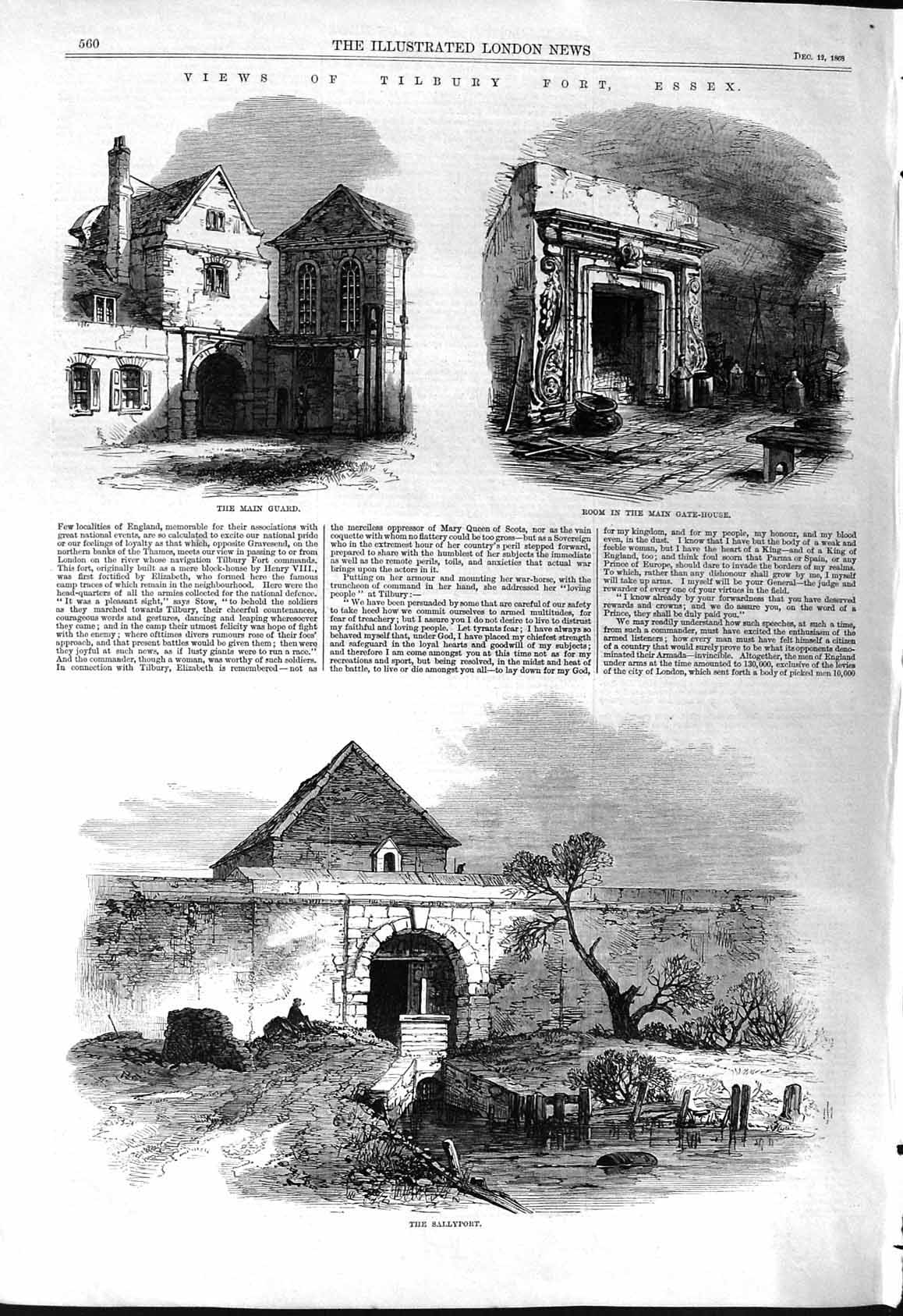 Antique Print 1868 Views Tilbury Fort Essex Sallyport Main Guard Gate-House
