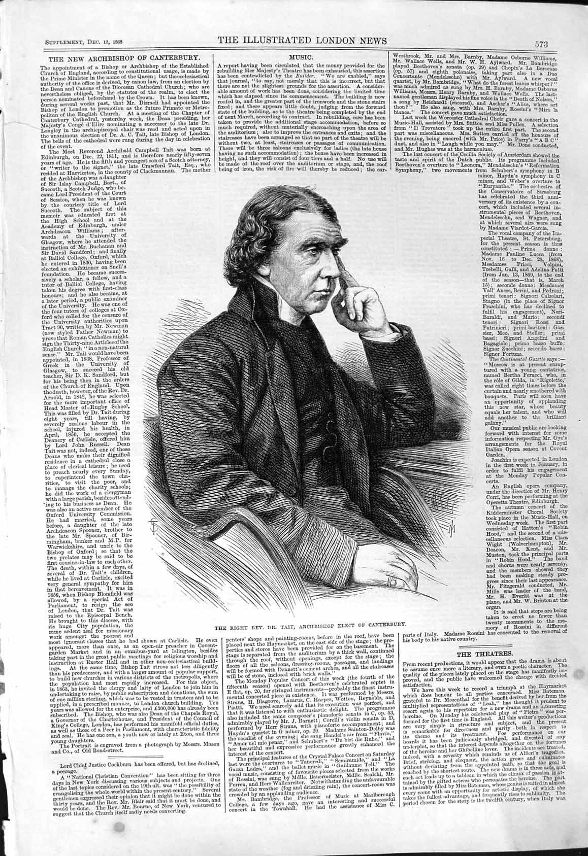 Old Antique Print 1868 Portrait Rev. Dr. Tait Archbishop Elect Canterbury 19th