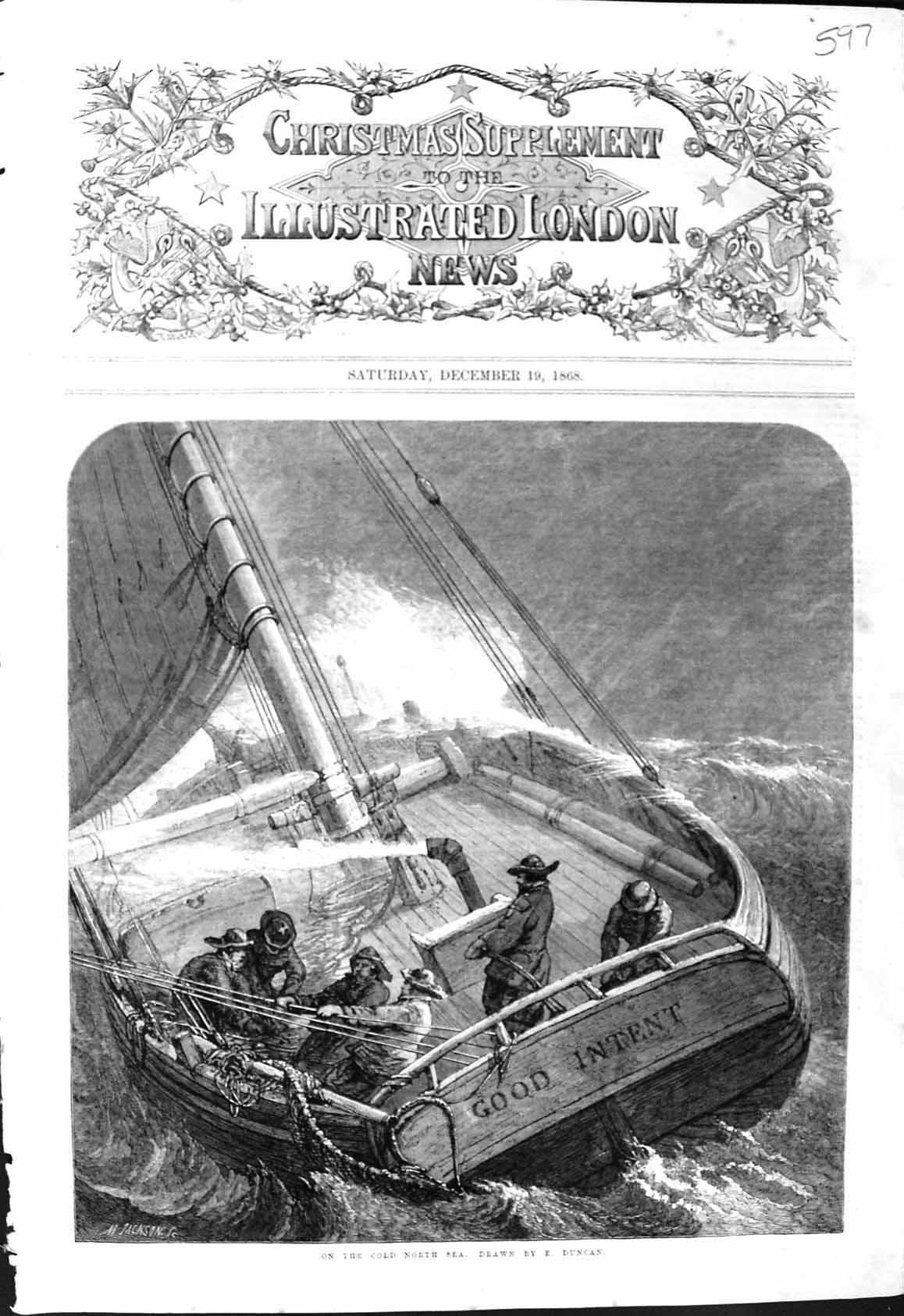 Antique Old Print 1868 Fishing Boat CNorth Sea Storm Weather Jackson Duncan