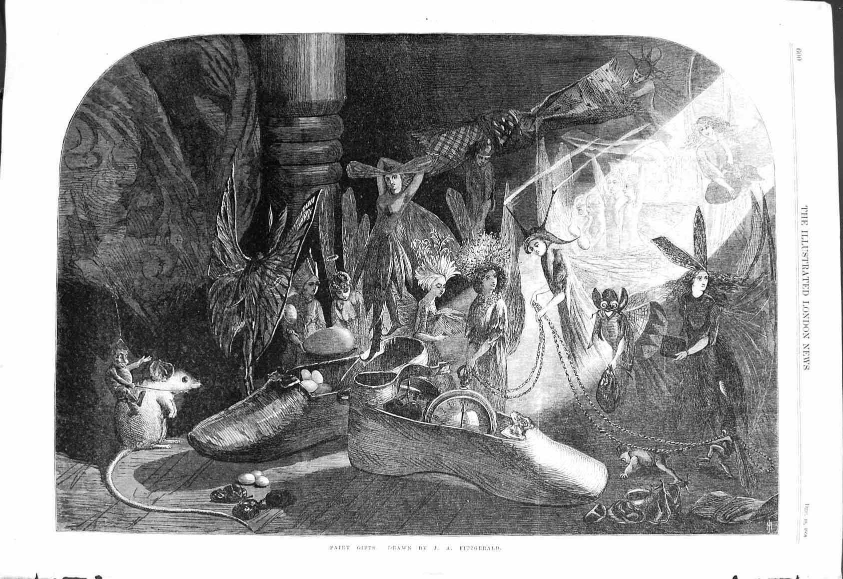 Original Old Antique Print 1868 Fairy Gifts Christmas Presents Fitzgerald 19th