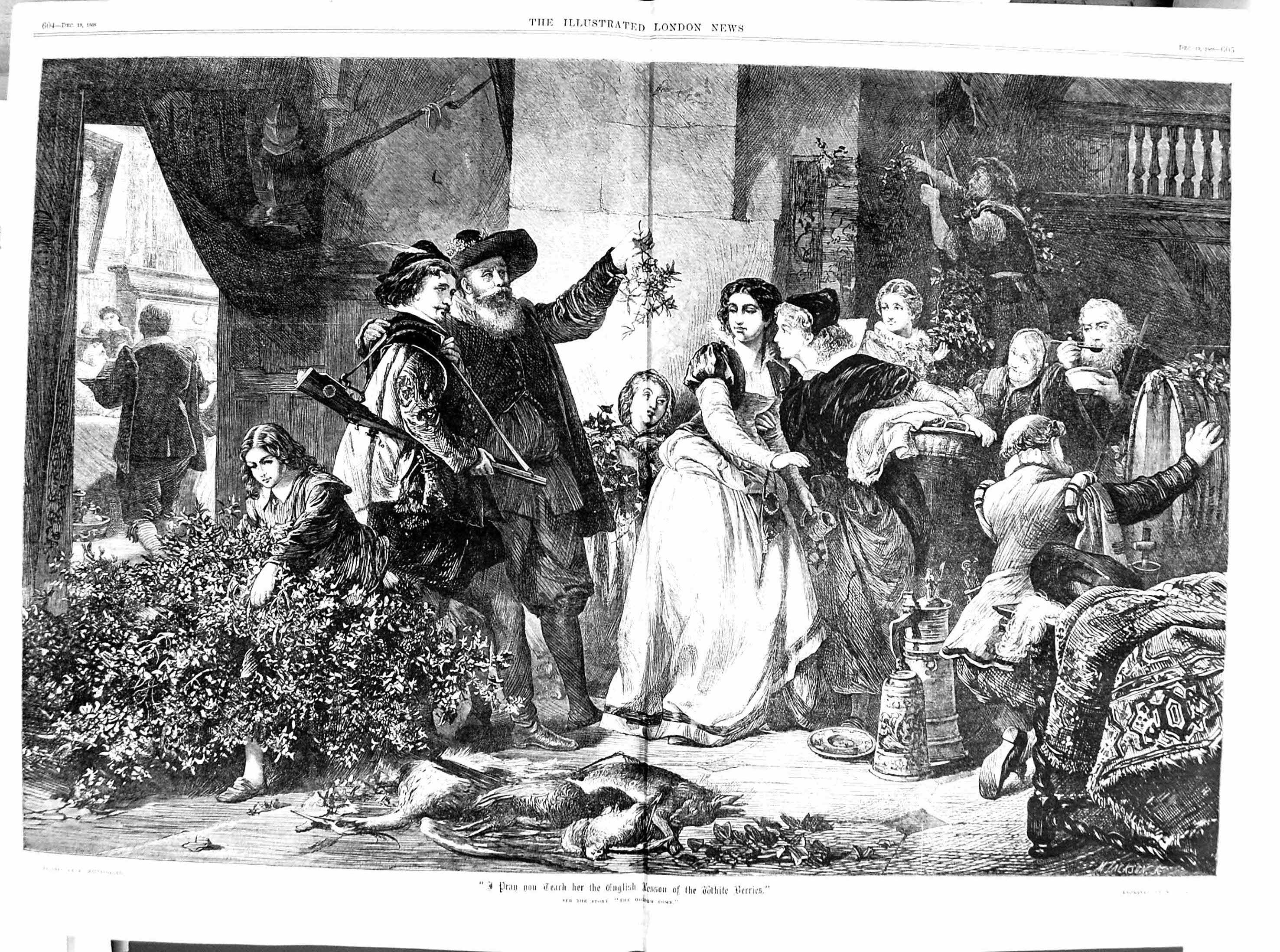 Old 1868 Romance Mistletoe Pray You Teach English Lesson White Berrie 19th