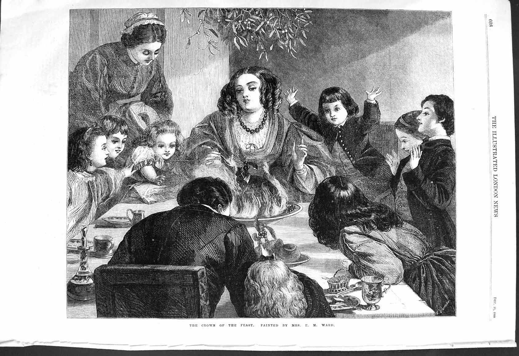 Old 1868 Scene Crown Feast Turkey Dinner Table Christmas Family Child Victorian