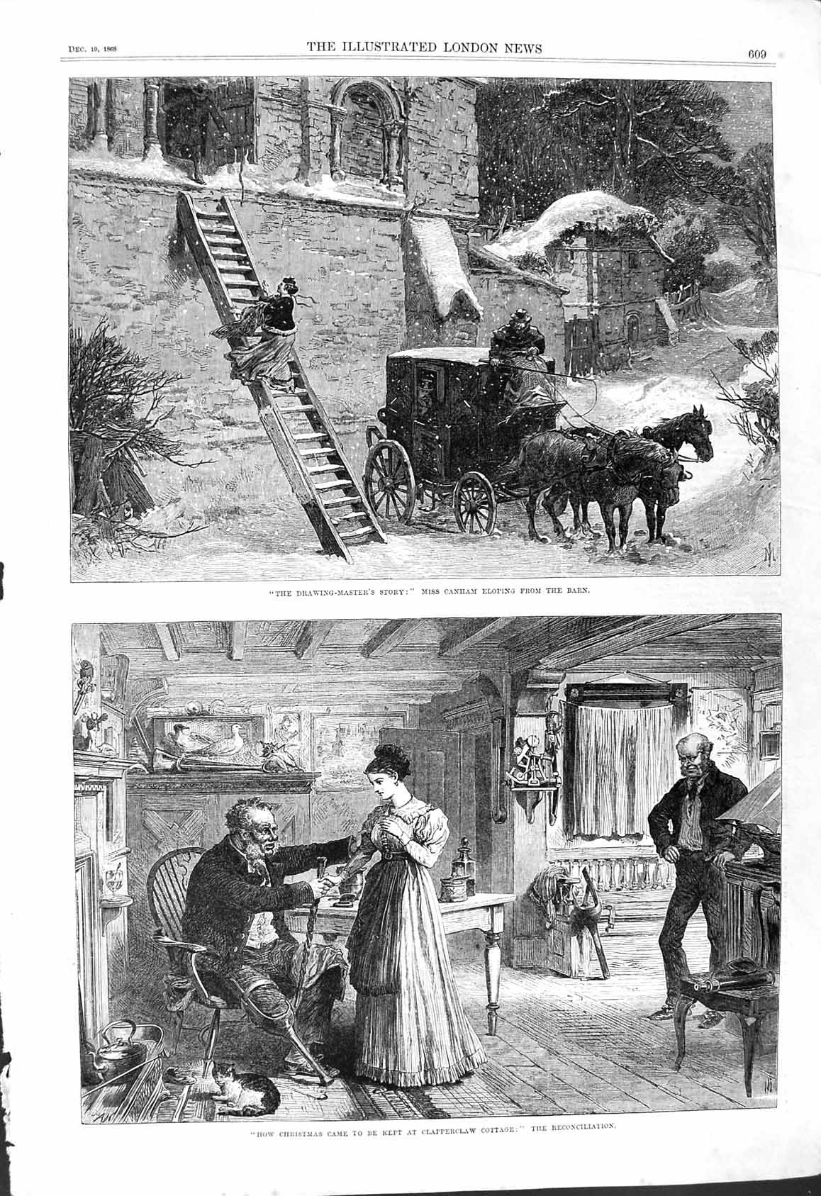Old 1868 Christmas Scene Clapperclaw Cottage Drawing-Master'S Story C Victorian