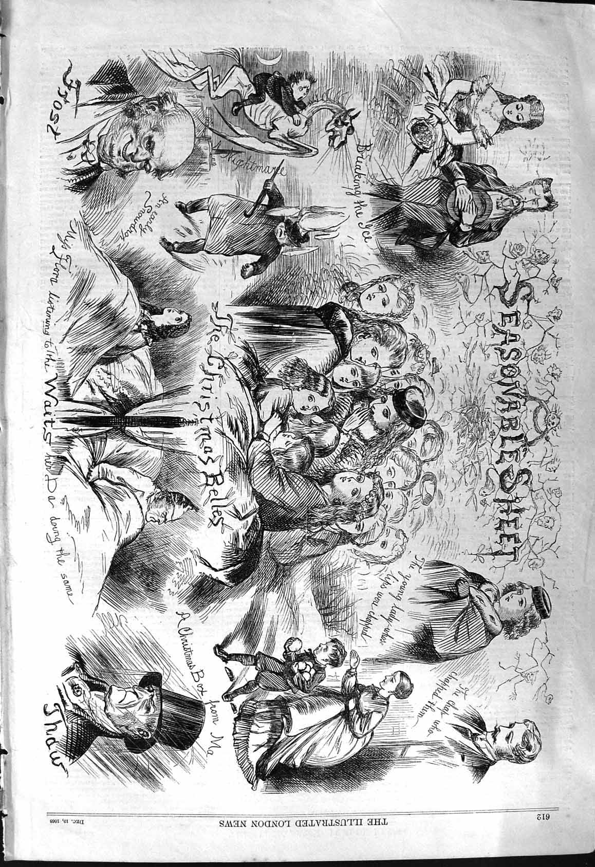 Old Antique Print 1868 Christmas Scenes Family Frost Snow Ice Snowballs 19th