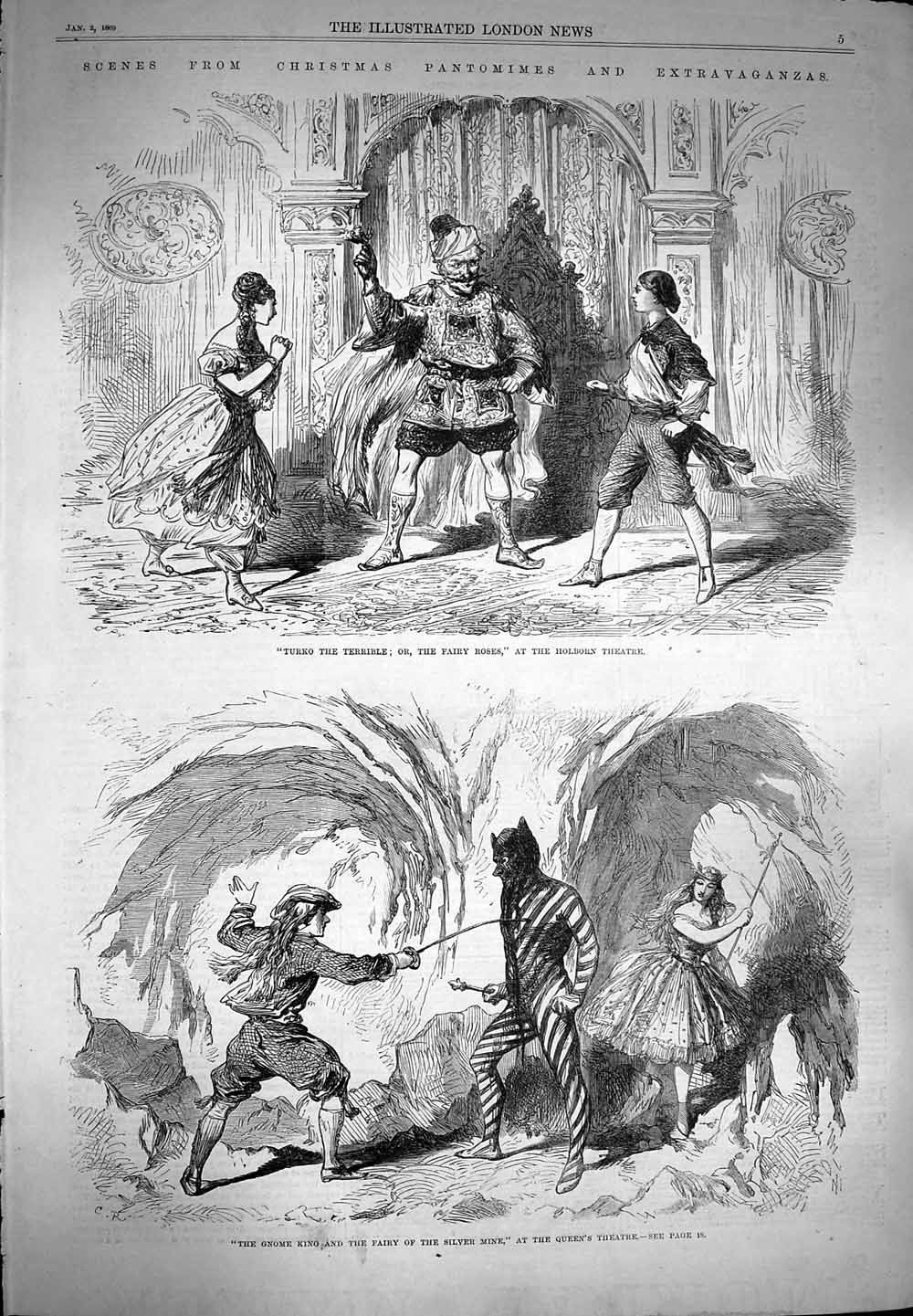 Old Antique Print 1869 Christmas Pantomimes Theatre Holborn Queens Drury 19th