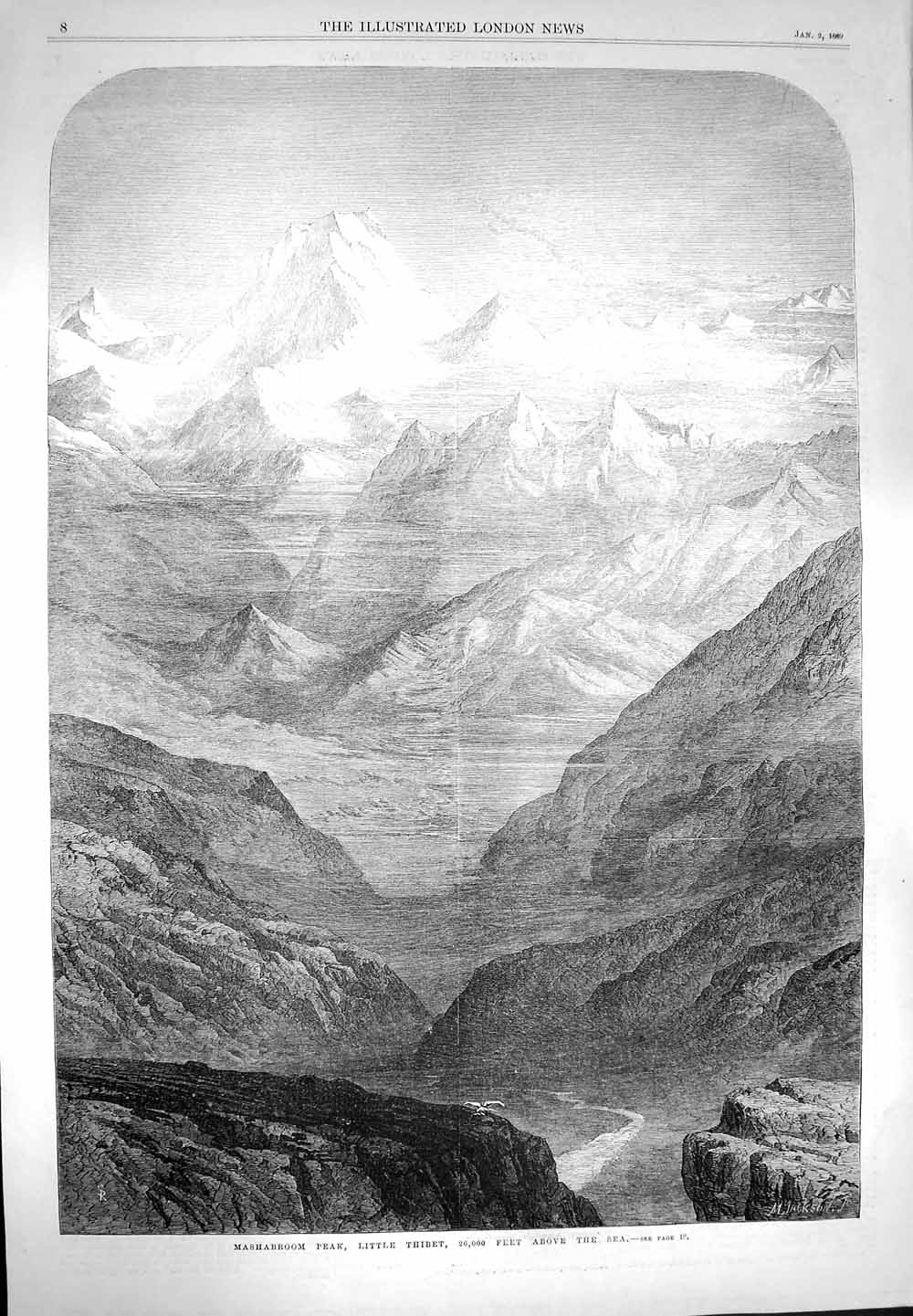 Original Old Antique Print 1869 Mashabroom Peak Little Tibet Mountains Fine Art