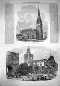 Original Old Antique Print 1869 Parish Church Kensington Architecture England