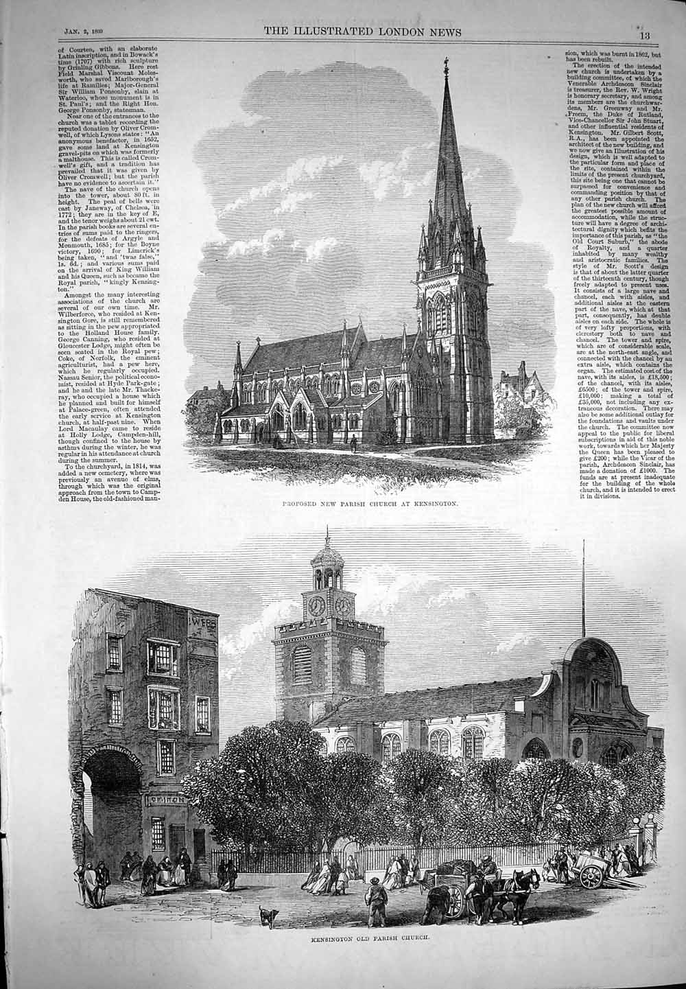 Original Old Antique Print 1869 Parish Church Kensington Architecture England