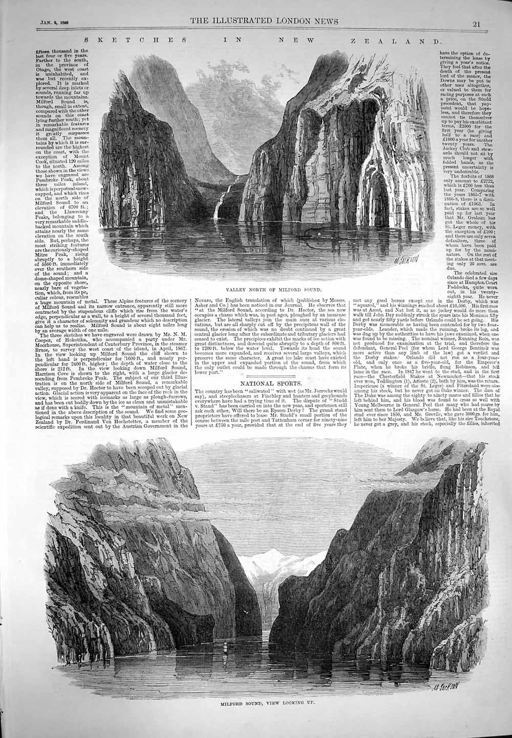 Original Old Antique Print 1869 Milford Sound New Zealand Gaiety Theatre Strand
