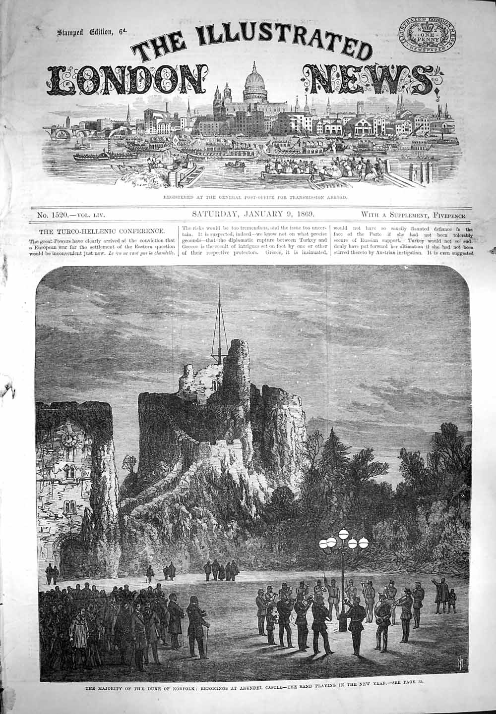 Original Old Antique Print 1869 Duke Norfolk Music Band New Year Arundel Castle