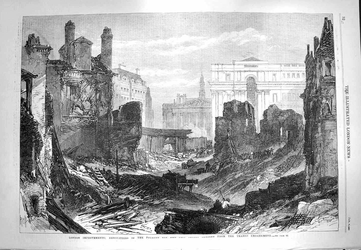 Old Antique Print 1869 London Buildings Demolition Poultry Street Thames 19th