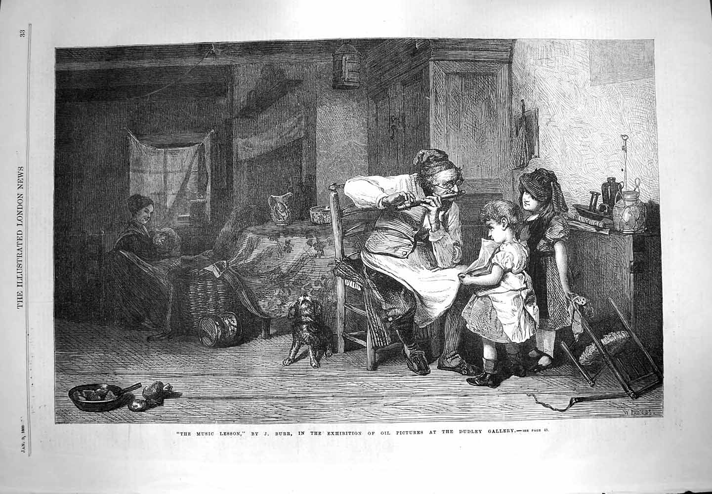 Original Old Antique Print 1869 Music Lesson Man Children Fine Art Burr Ducley