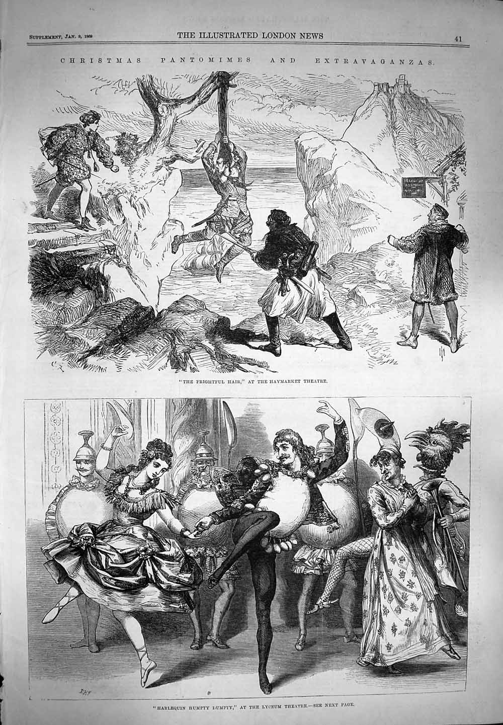 Original Old Antique Print 1869 Christmas Pantomimes Lyceum Theatre Haymarket