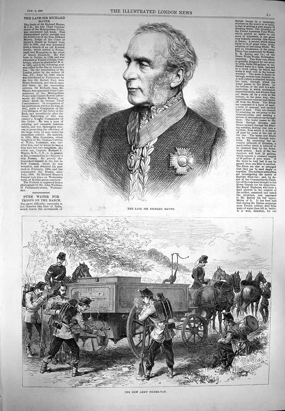 Original Old Antique Print 1869 Sir Richard Mayne Police Army Field Fil 19th
