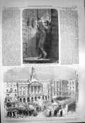 Original Old Antique Print 1869 Revolution Spain Troops Townhall Sentinel News