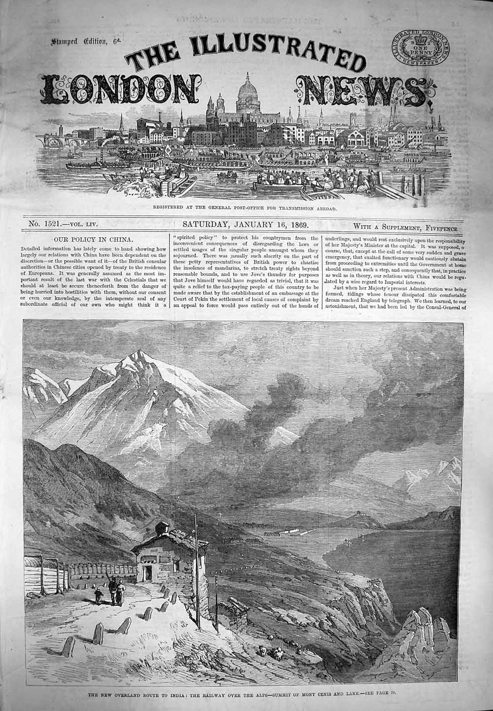 Original Old Antique Print 1869 Overland Route India Railway Alps Mont Cen 19th