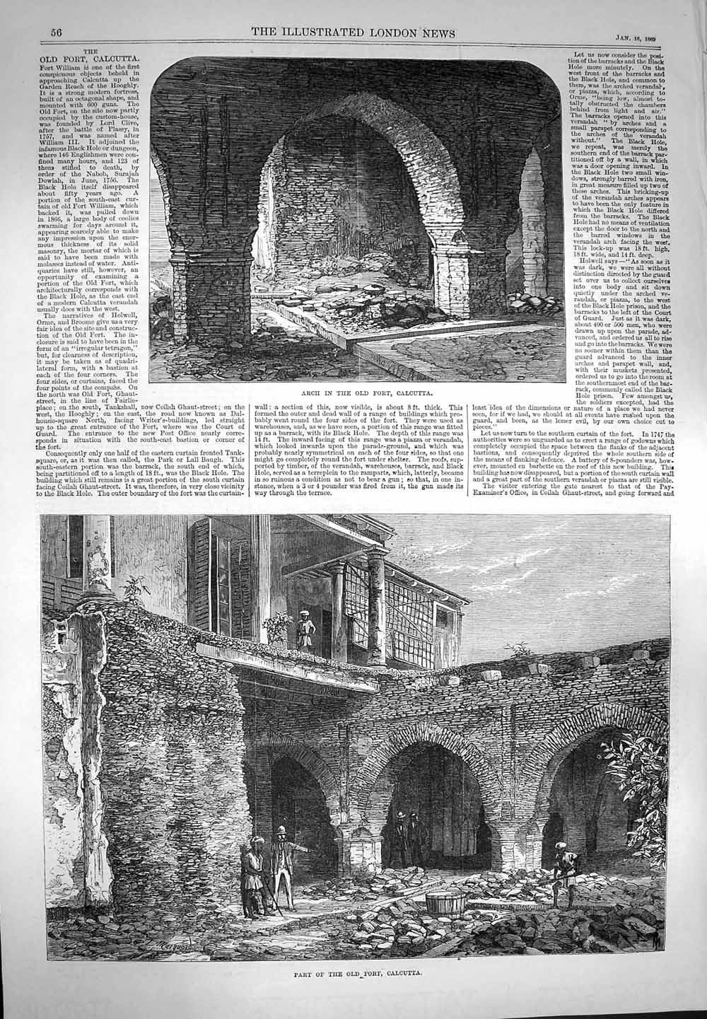 Original Old Antique Print 1869 Arch Fort Calcutta Architecture India Victorian