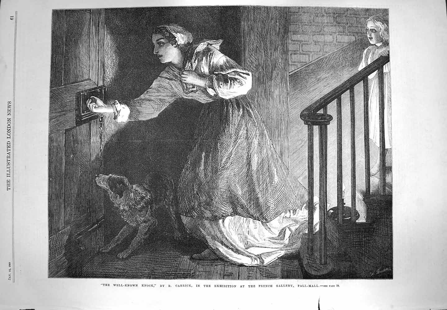 Original Old Antique Print 1869 Well Known Knock Young Woman Door Dog House