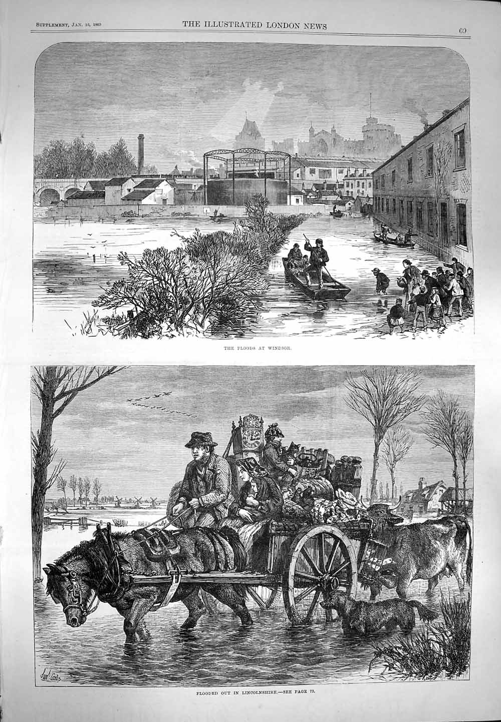 Original Old Antique Print 1869 Floods Windsor River London Lincolnshi Victorian