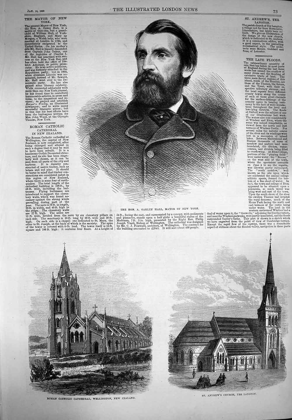 Original Old Antique Print 1869 Oakley Hall New York Church Langton Wellington