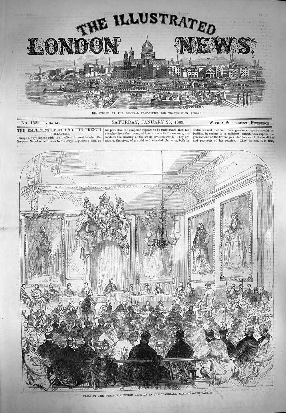 Original Old Antique Print 1869 Court Trial Windsor Election Petition Townhall