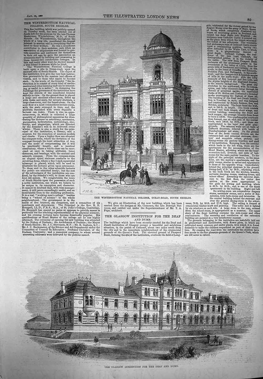 Original Old Antique Print 1869 Winterbottom College Shields Glasgow Deaf Dumb