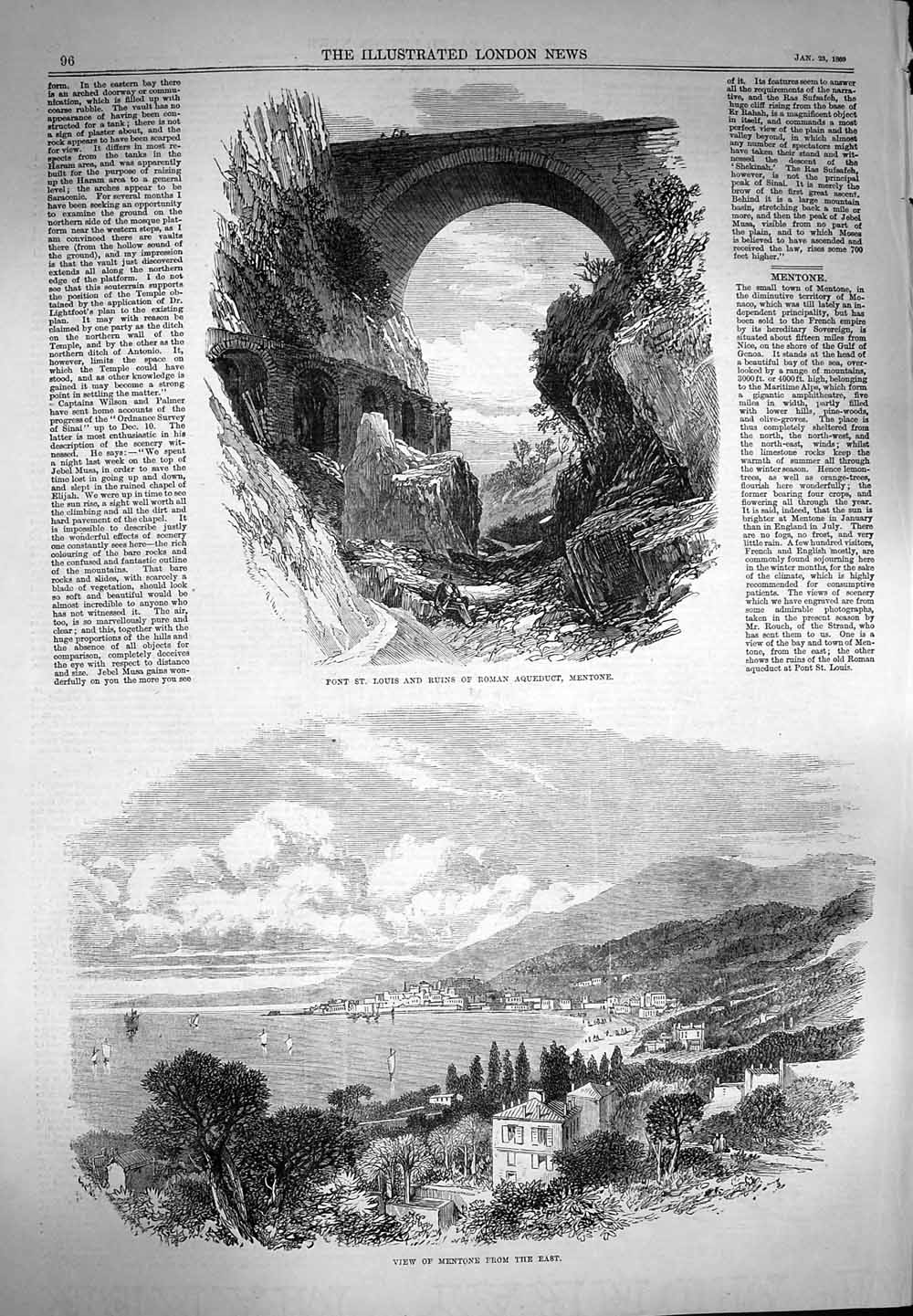 Original Old Antique Print 1869 Pont St. Louis Ruins Roman Aqueduct Mentone