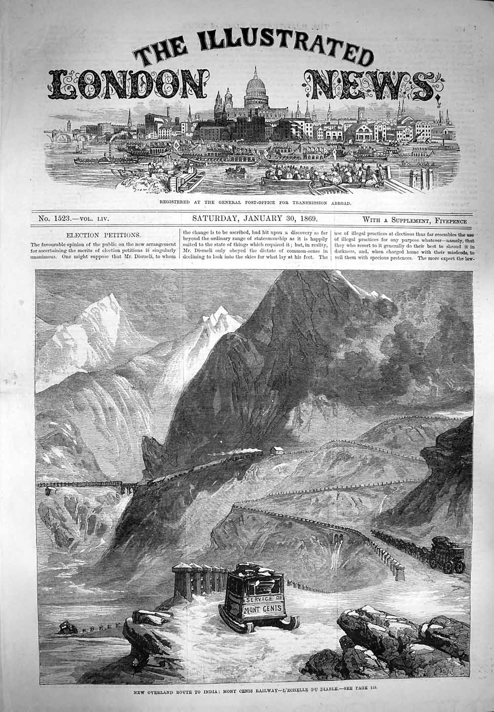 Original Old Antique Print 1869 Overland Route India Mont Cenis Railway Train
