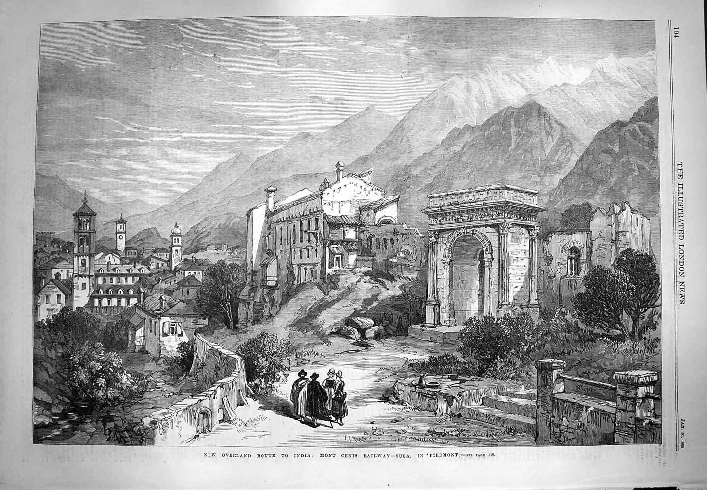 Old Antique Print 1869 Mont Cenis Railway Susa Piedmont Mountains India 19th