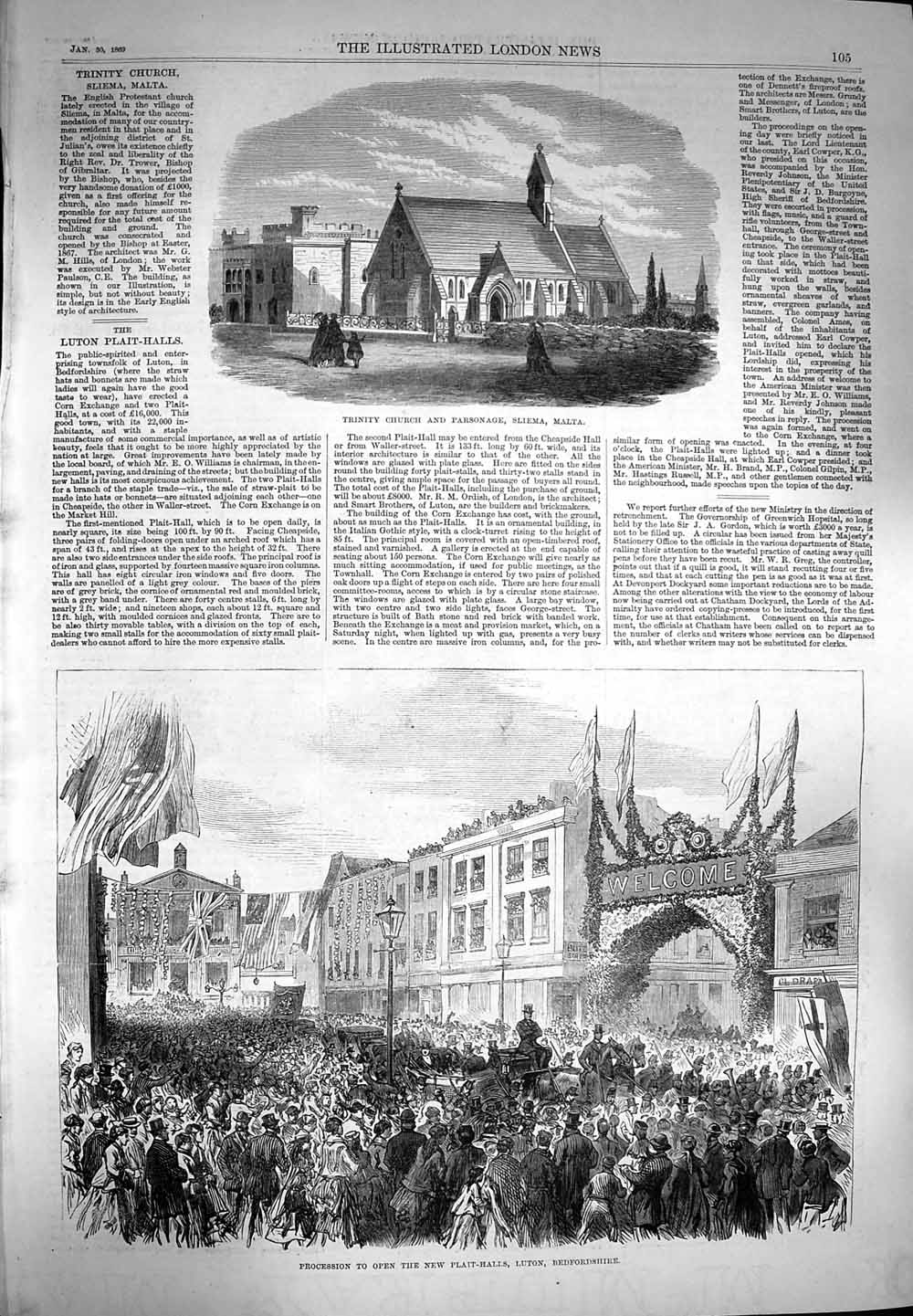 Old Antique Print 1869 Trinity Church Parsonage Malta Plait Halls Luton 19th