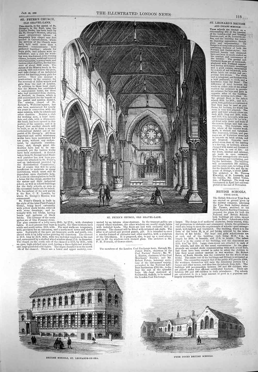 Original Old Antique Print 1869 Peter'S Church Gravel-Lane British School Tyne