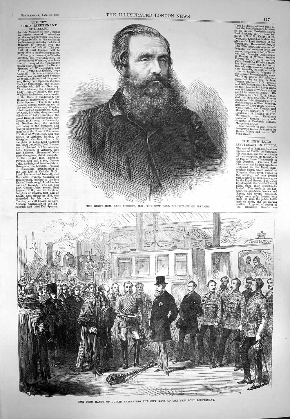 Original Old Antique Print 1869 Earl Spencer Ireland Mayor Dublin City Keys