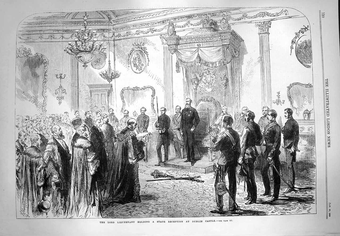 Original Old Antique Print 1869 Lord Lieutenant State Reception Dublin Castle
