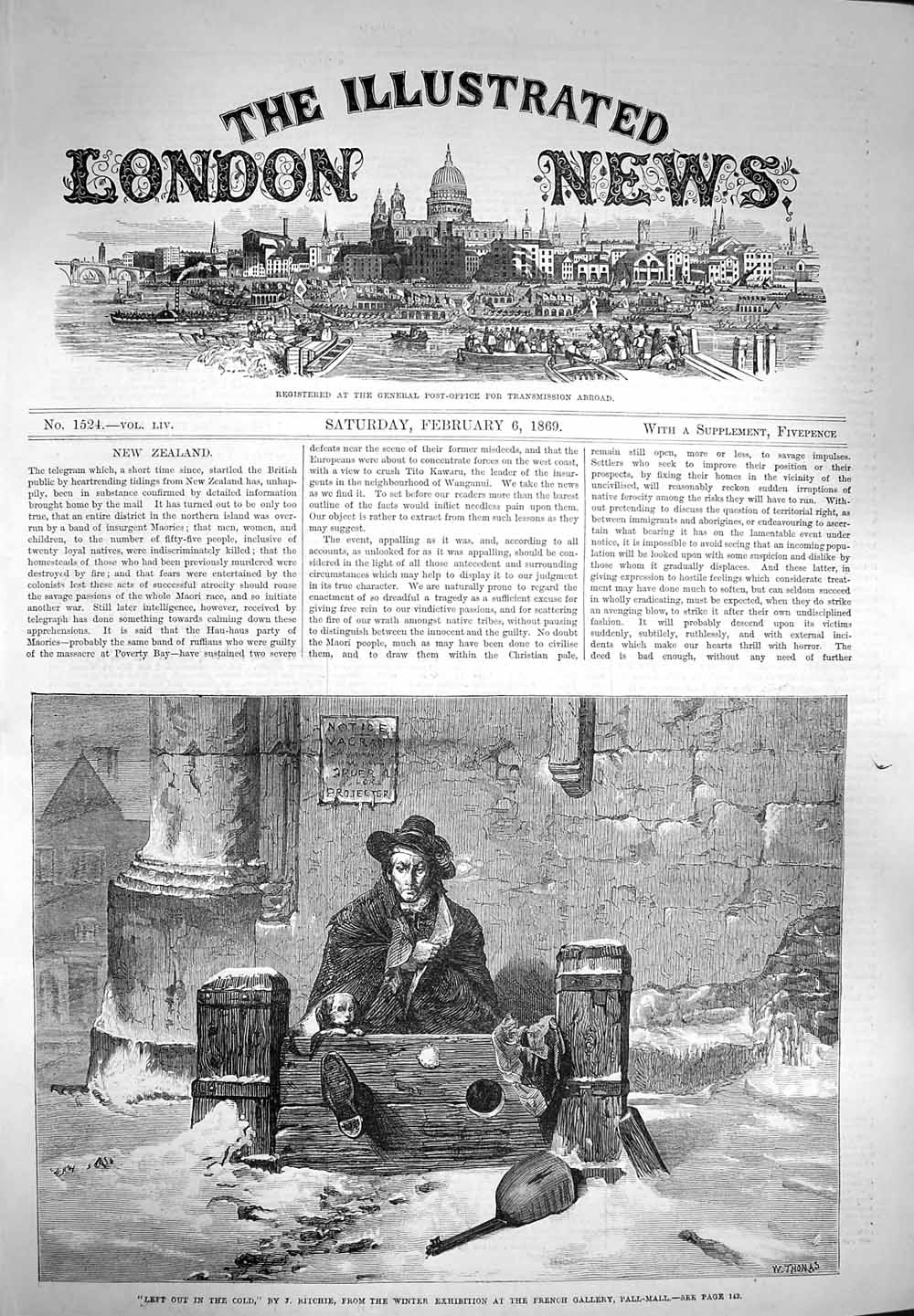 Original Old Antique Print 1869 Left In CMan Feet Stocks Dog Snow Punishment