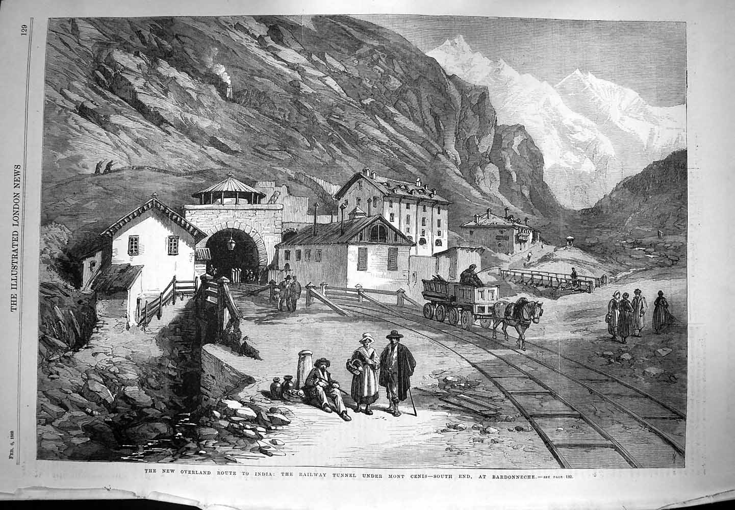 Original Old Antique Print 1869 Railway Tunnel Mont Cenis Bardonneche Mountains