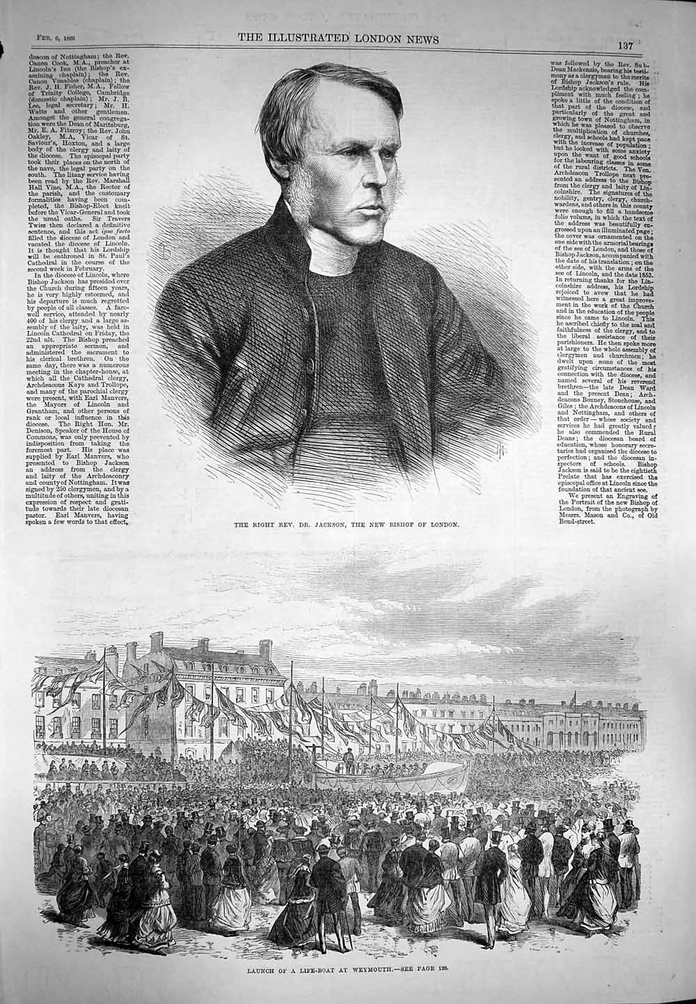 Original Old Antique Print 1869 Rev. Jackson Bishop London Life-Boat W Victorian