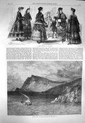 Original Old Antique Print 1869 View North Coast Crete Boat Paris Fashion Women