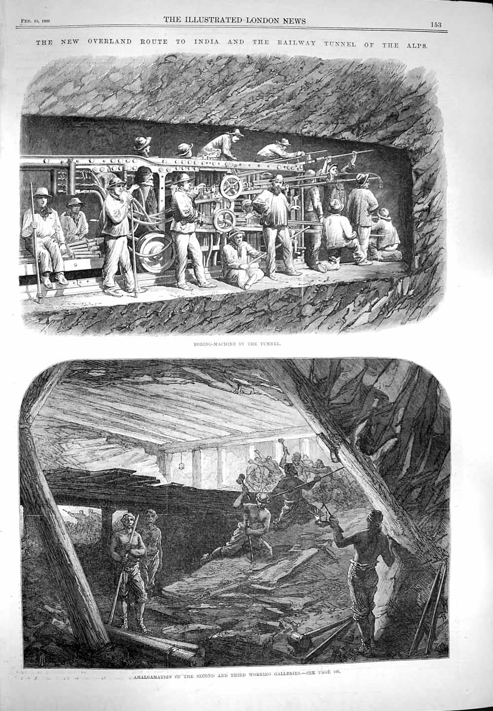 Original Old Antique Print 1869 Railway Tunnel Alps Boring-Machine Working 19th