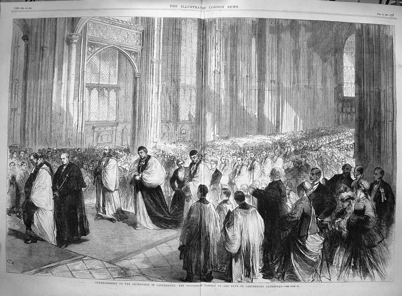 Old Antique Print 1869 Enthronement Archbishop Canterbury Nave Cathedral 19th