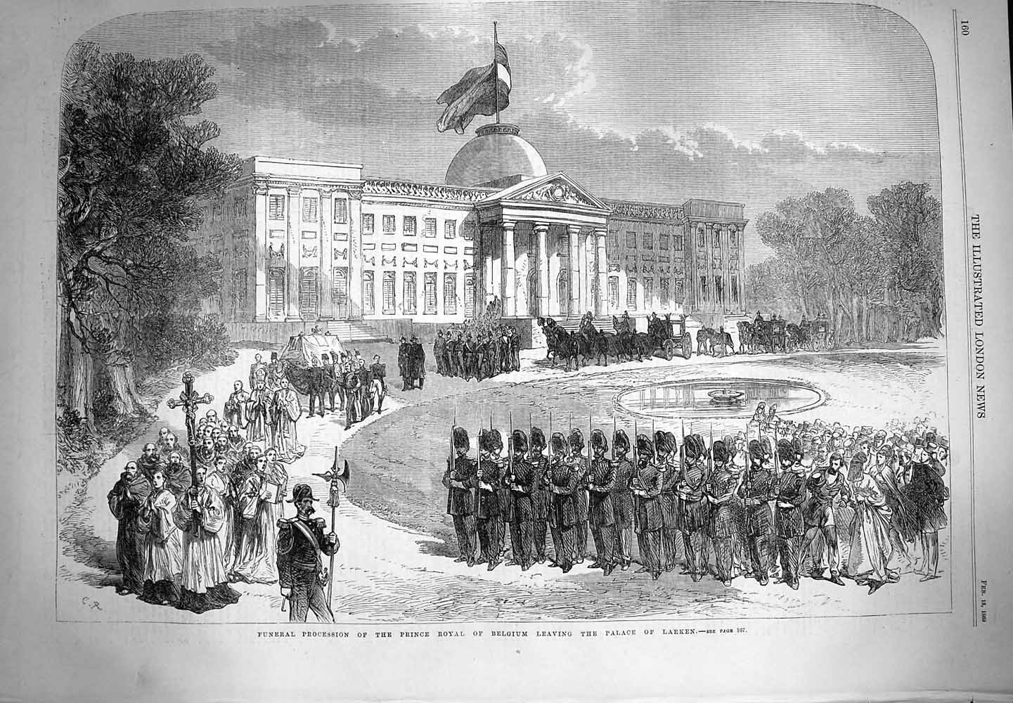 Original Old Antique Print 1869 Funeral Procession Prince Belgium Palace Laeken