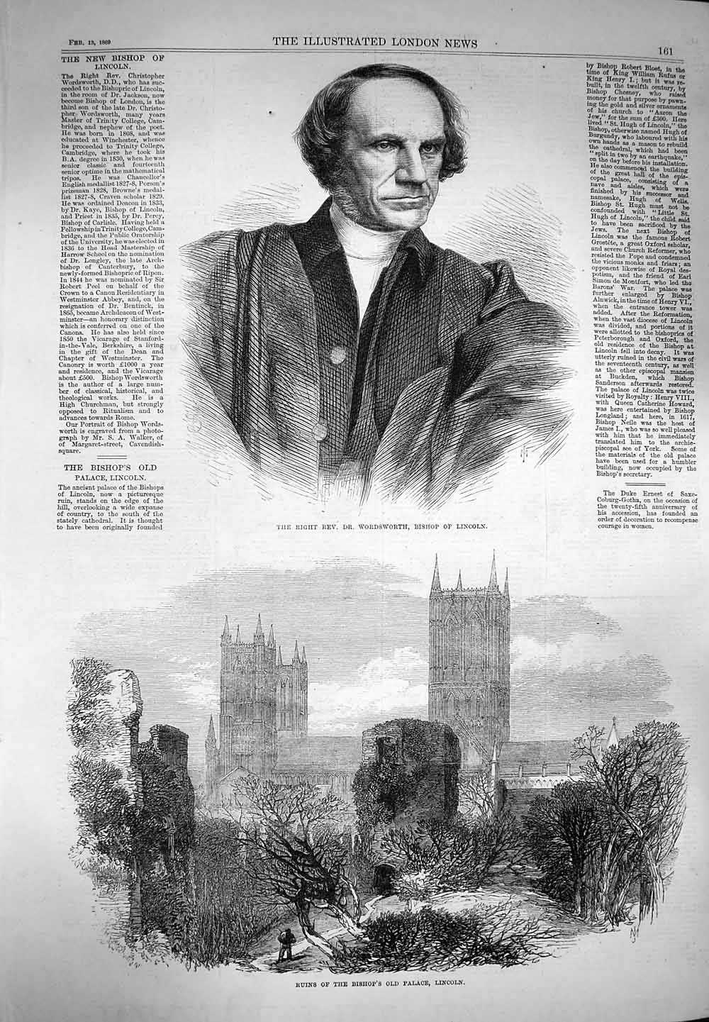 Original Old Antique Print 1869 Rev. Wordsworth Bishop Lincoln Ruins Palace