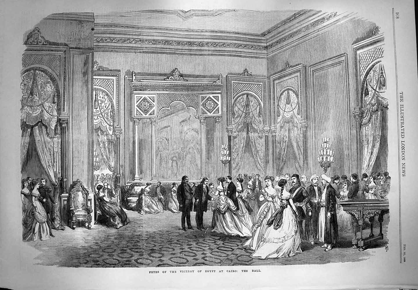 Original Old Antique Print 1869 Fetes Viceroy Egypt Cairo Ball Dancing Romance