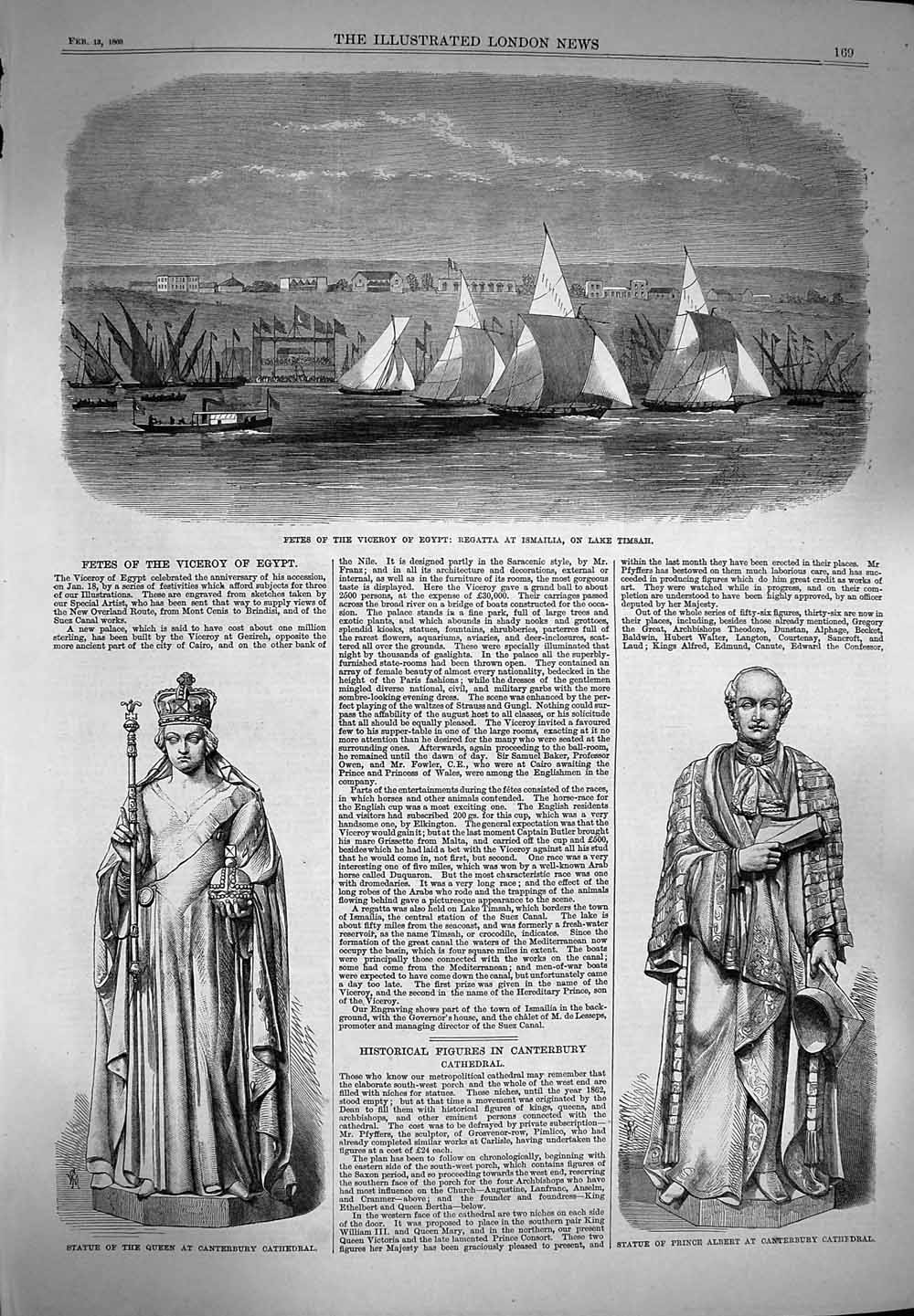 Original Old Antique Print 1869 Viceroy Egypt Regatta Ismailia Timsah Cathedral